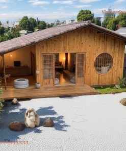 Nhà Gỗ Nhật Bản J56 - Cửa Sổ Tròn Sàn Deck Vườn Sỏi, Gỗ Thông