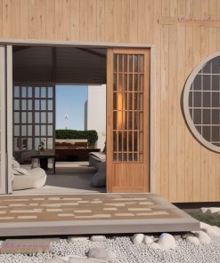 Nhà Gỗ Nhật Bản J56 - Cửa Sổ Tròn Sàn Deck Vườn Sỏi, Gỗ Thông
