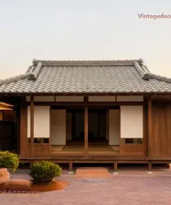 Nhà gỗ Nhật Bản J58 – mặt chính đối xứng, hành lang gỗ sẫm dưới mái ngói xám, sân sỏi
