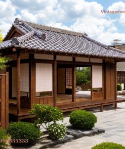 Nhà Gỗ Nhật Bản J58 - Hành Lang Gỗ Sẫm Sân Sỏi, Gỗ Thông