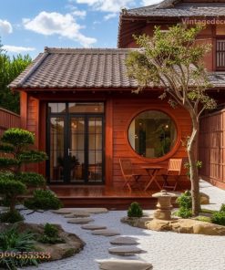 Nhà Gỗ Nhật Bản J62 - Gỗ Đỏ Cửa Sổ Tròn Lớn, Gỗ Thông