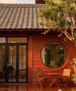 Nhà Gỗ Nhật Bản J62 - Gỗ Đỏ Cửa Sổ Tròn Lớn, Gỗ Thông