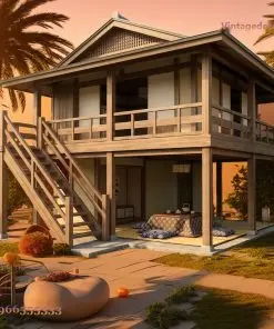 Nhà gỗ Nhật Bản J63 – nhà sàn, cầu thang xiên bên hông, góc trà dưới gầm lúc chiều