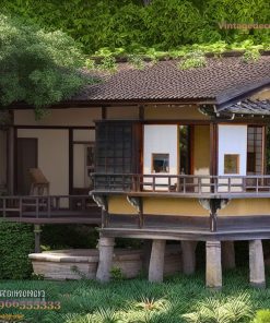 Nhà Gỗ Nhật Bản J69 - Nhà Sàn Cột Đá Cửa Shoji, Gỗ Thông