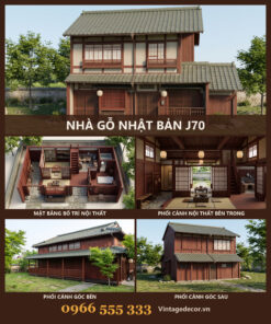 Nhà Gỗ Nhật Bản J70 - Hai Tầng Phố Cổ Mái Ngói Nhựa Âm Dương, Gỗ Thông