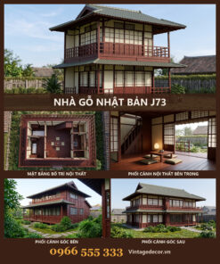 Nhà Gỗ Nhật Bản J73 - Hai Tầng Mái Ngói Nhựa Âm Dương Xanh Rêu, Gỗ Thông
