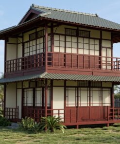 Nhà Gỗ Nhật Bản J73 - Hai Tầng Mái Ngói Nhựa Âm Dương Xanh Rêu, Gỗ Thông