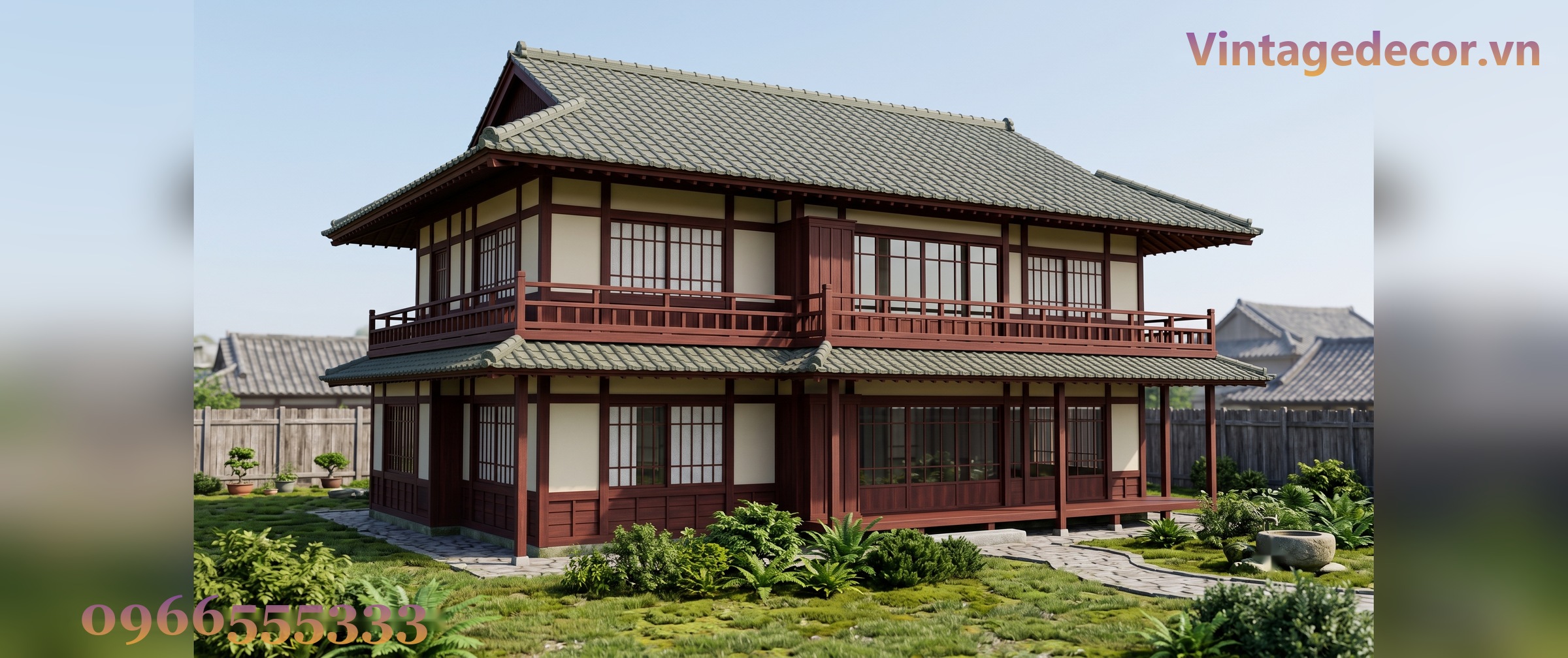 Nhà Gỗ Nhật Bản J73 - Hai Tầng Mái Ngói Nhựa Âm Dương Xanh Rêu, Gỗ Thông Nhà Gỗ Nhật Bản J73 - Hai Tầng Mái Ngói Nhựa Âm Dương Xanh Rêu, Gỗ Thông