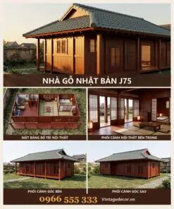 Nhà gỗ Nhật Bản J75 – ảnh ghép phối cảnh, mặt bằng, nội thất, góc bên và góc sau