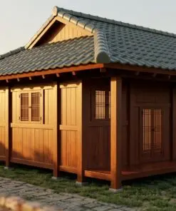 Nhà gỗ Nhật J75 – khối một tầng thấp, mép mái vươn xa, hiên sàn gỗ trên cột