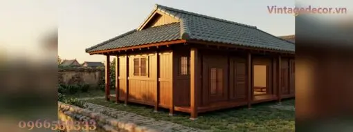 Nhà Gỗ Nhật Bản J75 - Một Tầng Khối Thấp Mái Ngói Nhựa Âm Dương, Gỗ Thông Nhà gỗ Nhật J75 – khối một tầng thấp, mép mái vươn xa, hiên sàn gỗ trên cột