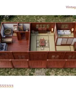 Nhà gỗ Nhật J75 nhìn từ trên – bếp và bồn tắm tròn, gian tatami giữa, phòng ngủ