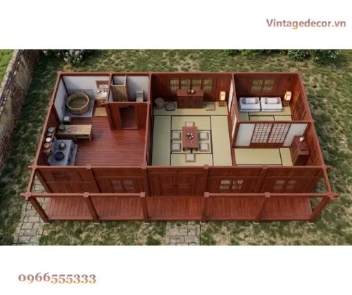 Nhà Gỗ Nhật Bản J75 - Một Tầng Khối Thấp Mái Ngói Nhựa Âm Dương, Gỗ Thông Nhà gỗ Nhật J75 nhìn từ trên – bếp và bồn tắm tròn, gian tatami giữa, phòng ngủ