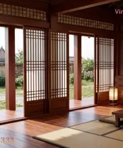 Nhà gỗ Nhật J75 – cửa lùa song cao mở ra hiên, đèn giấy, tủ thấp, bàn trên chiếu