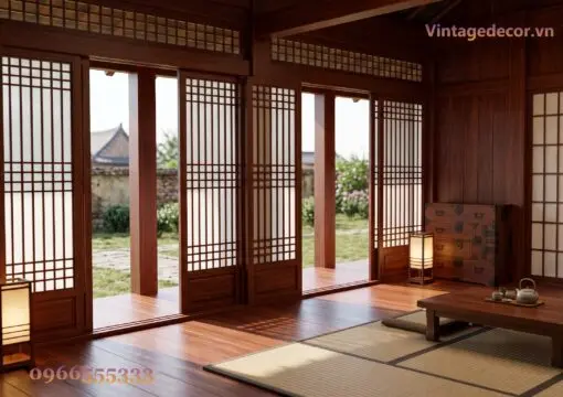 Nhà Gỗ Nhật Bản J75 - Một Tầng Khối Thấp Mái Ngói Nhựa Âm Dương, Gỗ Thông Nhà gỗ Nhật J75 – cửa lùa song cao mở ra hiên, đèn giấy, tủ thấp, bàn trên chiếu