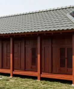 Nhà gỗ Nhật J75 – góc bên hàng cột hiên trên đế đá, mái bốn dốc