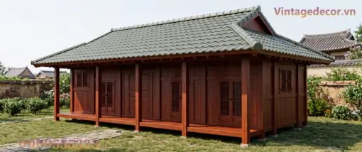 Nhà Gỗ Nhật Bản J75 - Một Tầng Khối Thấp Mái Ngói Nhựa Âm Dương, Gỗ Thông Nhà gỗ Nhật J75 – góc bên hàng cột hiên trên đế đá, mái bốn dốc