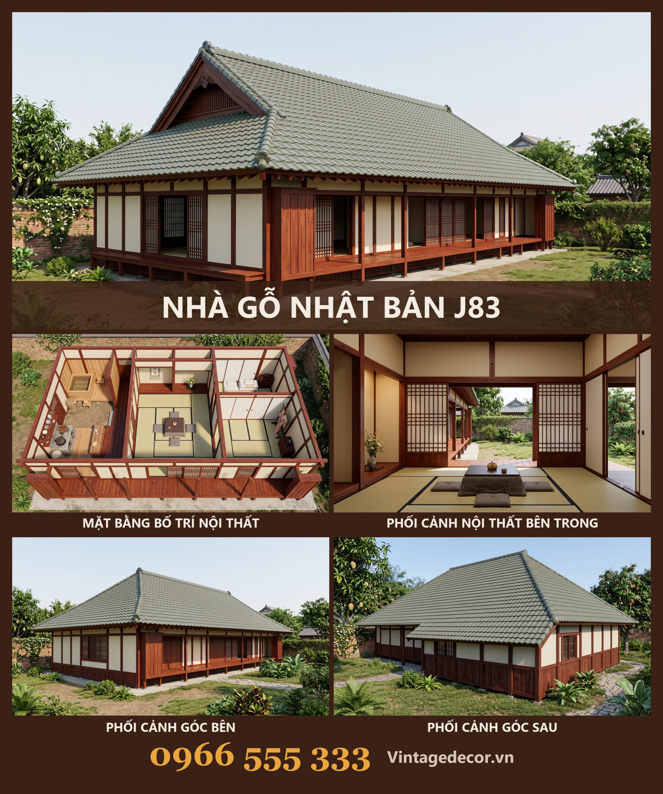 Nhà Gỗ Nhật Bản J83 - Một Tầng Hiên Dài Mái Ngói Nhựa Âm Dương, Gỗ Thông Nhà Gỗ Nhật Bản J83 - Một Tầng Hiên Dài Mái Ngói Nhựa Âm Dương, Gỗ Thông