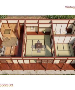 Nhà Gỗ Nhật Bản J83 - Một Tầng Hiên Dài Mái Ngói Nhựa Âm Dương, Gỗ Thông