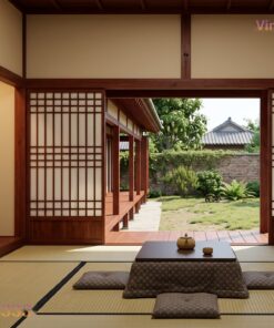 Nhà Gỗ Nhật Bản J83 - Một Tầng Hiên Dài Mái Ngói Nhựa Âm Dương, Gỗ Thông