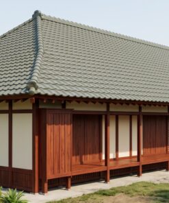 Nhà Gỗ Nhật Bản J83 - Một Tầng Hiên Dài Mái Ngói Nhựa Âm Dương, Gỗ Thông