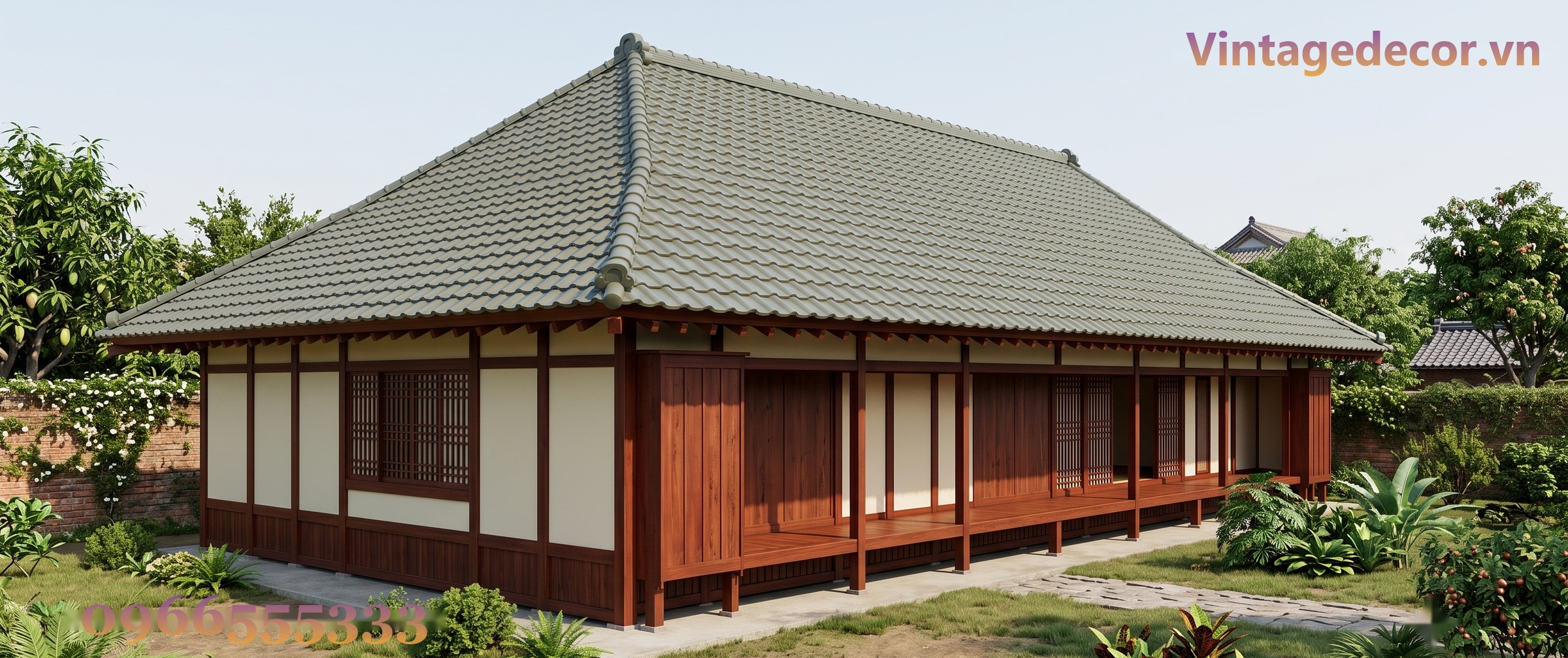Nhà Gỗ Nhật Bản J83 - Một Tầng Hiên Dài Mái Ngói Nhựa Âm Dương, Gỗ Thông Nhà Gỗ Nhật Bản J83 - Một Tầng Hiên Dài Mái Ngói Nhựa Âm Dương, Gỗ Thông