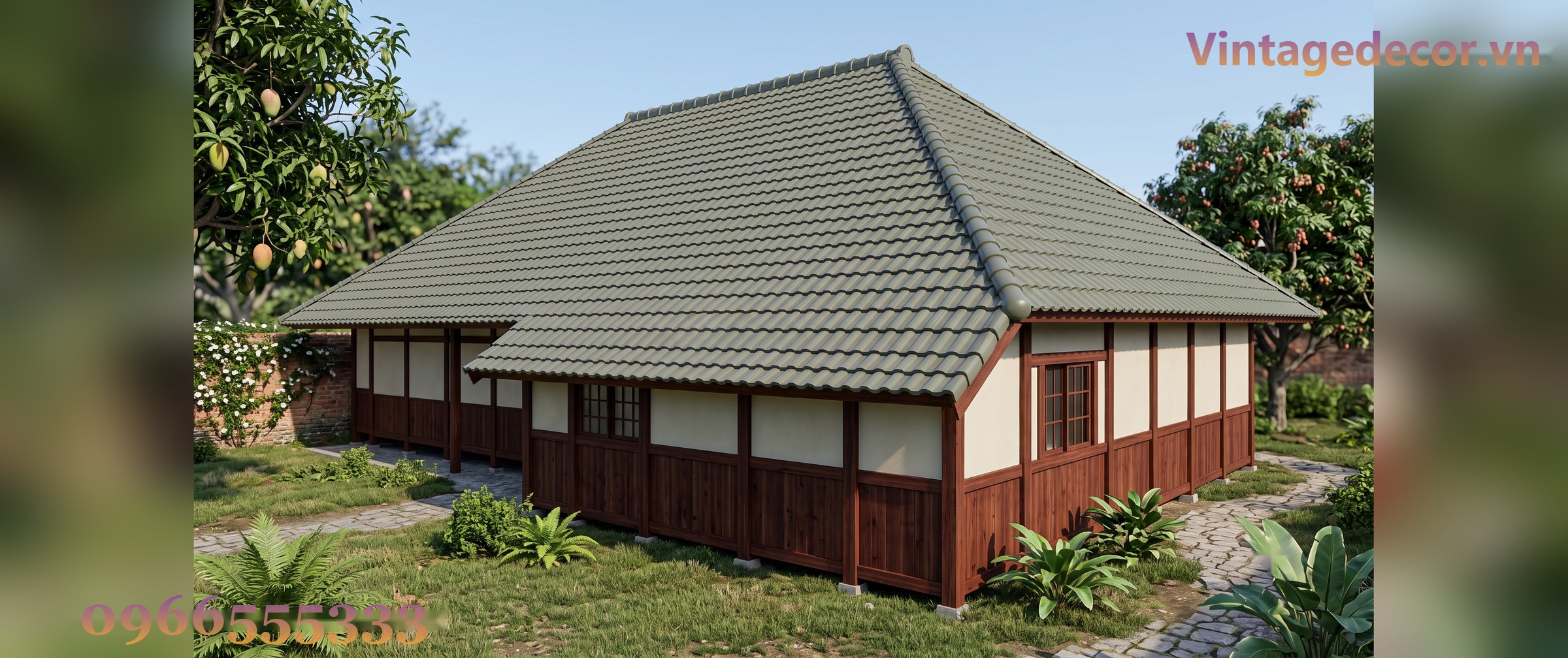 Nhà Gỗ Nhật Bản J83 - Một Tầng Hiên Dài Mái Ngói Nhựa Âm Dương, Gỗ Thông Nhà Gỗ Nhật Bản J83 - Một Tầng Hiên Dài Mái Ngói Nhựa Âm Dương, Gỗ Thông