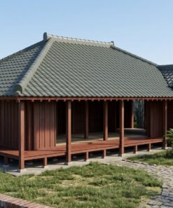 Nhà Gỗ Nhật Bản J84 - Sàn Nâng Hiên Bao Quanh Mái Ngói Nhựa, Gỗ Thông