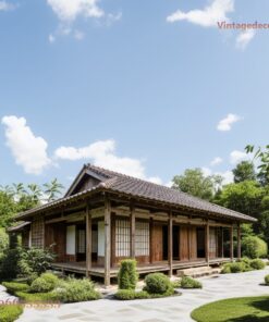 Nhà Gỗ Nhật Bản J90 - Dãy Cửa Shoji Mái Ngói Xám, Gỗ Thông