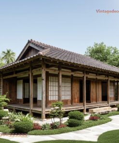 Nhà Gỗ Nhật Bản J90 - Dãy Cửa Shoji Mái Ngói Xám, Gỗ Thông