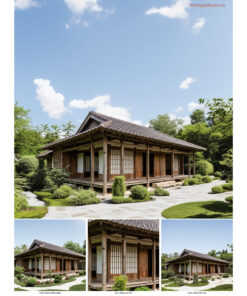 Nhà Gỗ Nhật Bản J90 - Dãy Cửa Shoji Mái Ngói Xám, Gỗ Thông