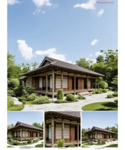 Nhà gỗ Nhật Bản J90 – ảnh ghép: góc nhà, cận cảnh cửa shoji và hai góc nhìn hiên