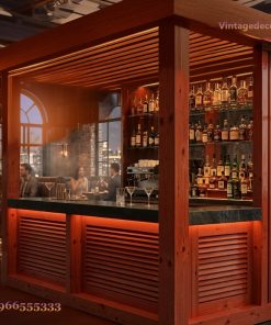 Quầy Bar Rượu QB1 - Nan Chớp Kệ Rượu Đèn LED, Gỗ Thông