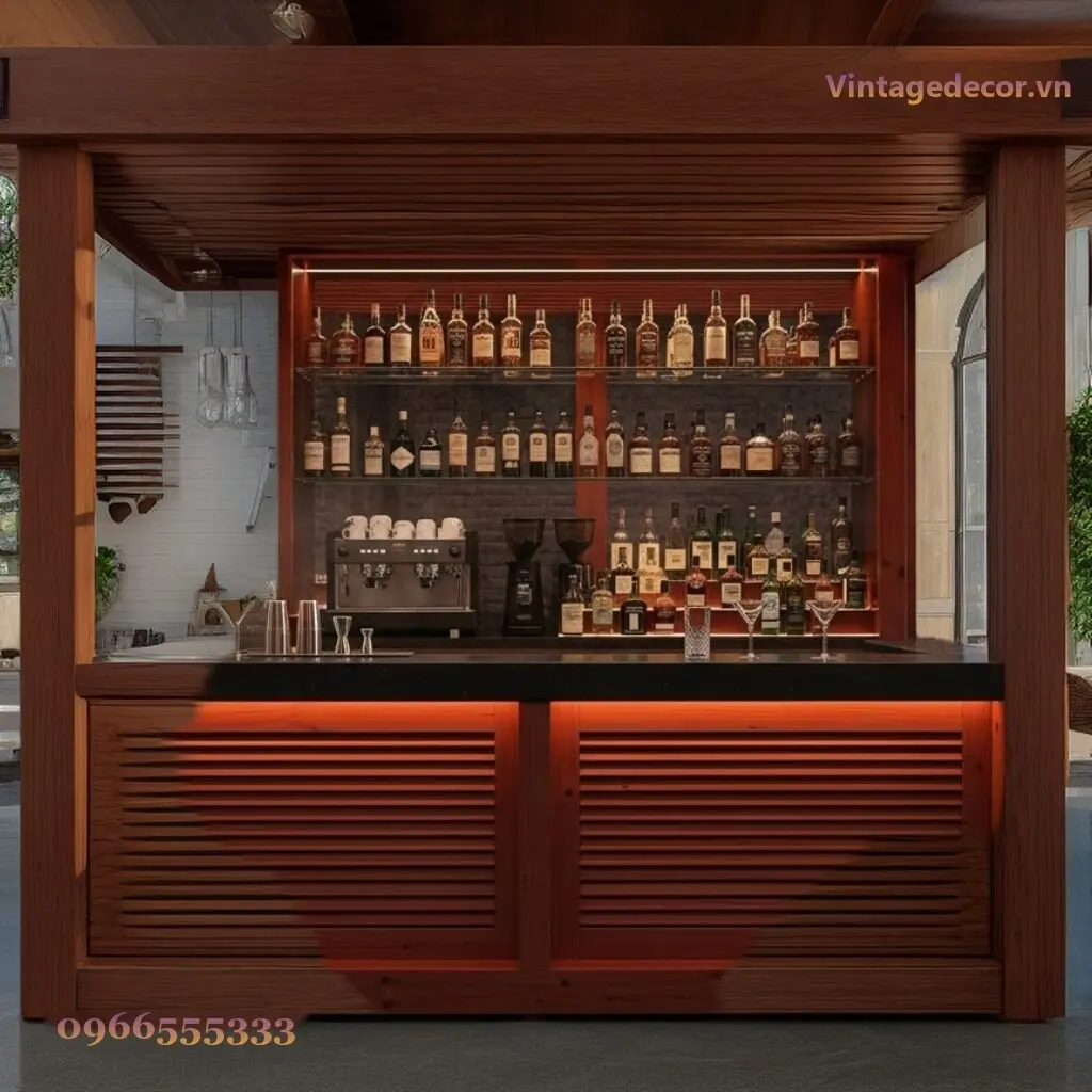 Mặt trước quầy bar gỗ, dải đèn LED hắt dưới mặt quầy và dưới chân, vách kệ chai sáng đèn phía sau