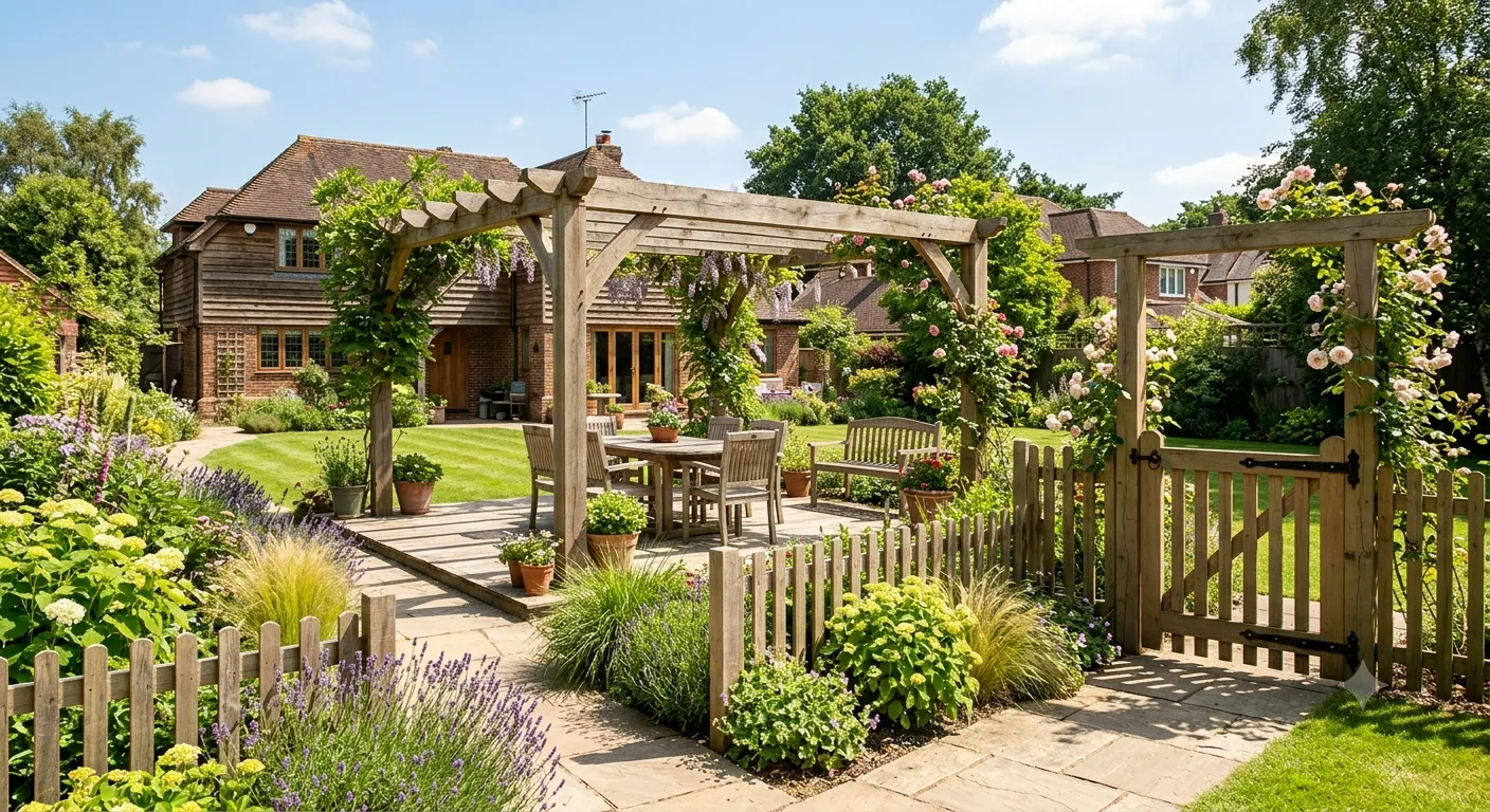 Phối hợp giàn hoa pergola, cổng gỗ, hàng rào, sàn gỗ và bàn ghế ngoài trời đồng bộ