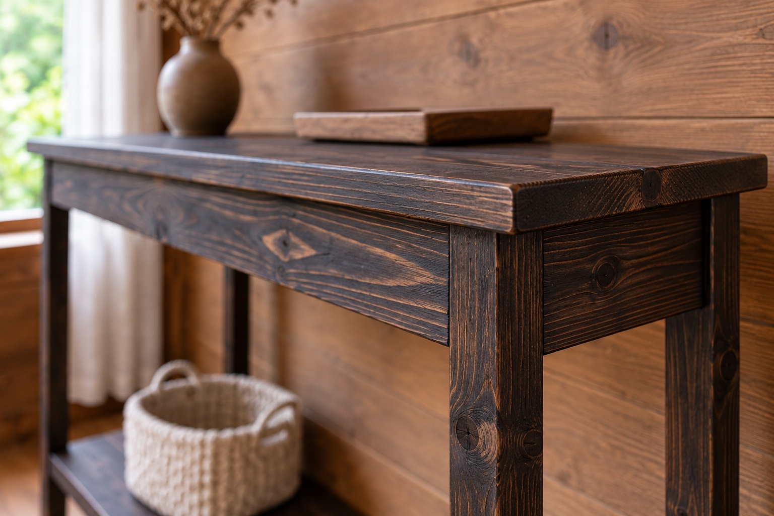 Bàn Console Gỗ Thông NT28 - Mặt Hẹp Chân Thanh Kệ Thấp Lối Vào, Gỗ Thông Màu Gỗ Cháy Bàn Console Gỗ Thông NT28 - Mặt Hẹp Chân Thanh Kệ Thấp Lối Vào, Gỗ Thông Màu Gỗ Cháy