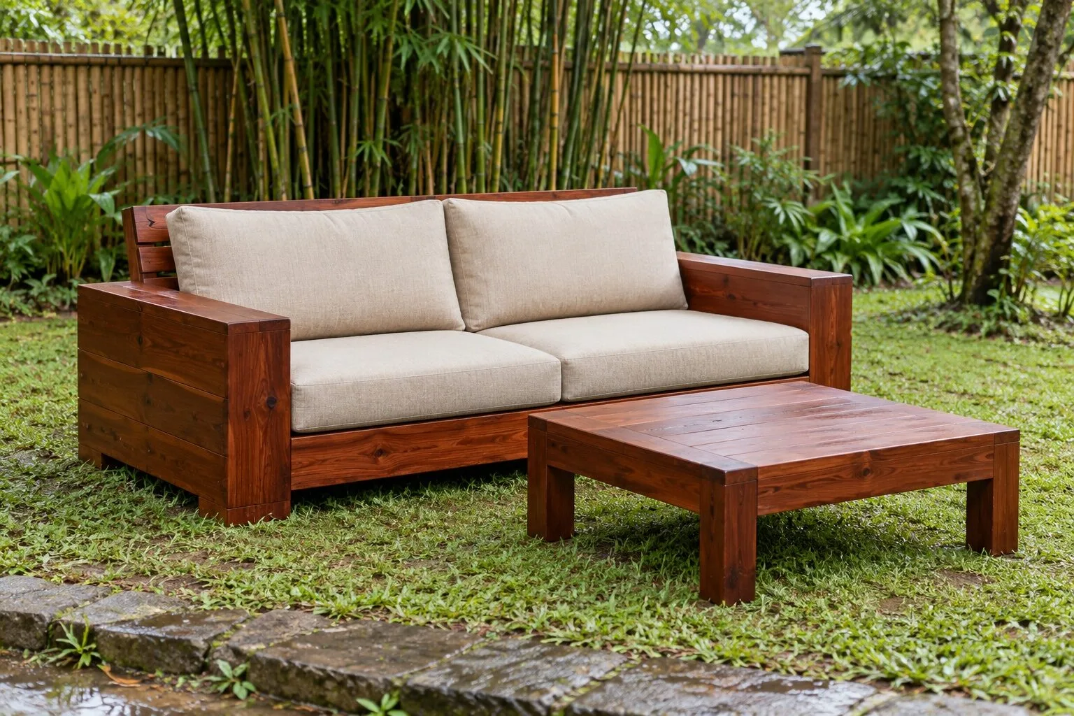 Sofa gỗ thấp màu nâu đỏ hai chỗ có nệm kem, bàn trà vuông thấp phía trước, đặt trên bãi cỏ cạnh rào tre