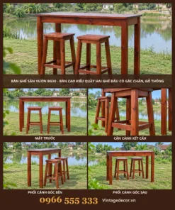 Bàn Ghế Sân Vườn BG30 - Bàn Cao Kiểu Quầy Hai Ghế Đẩu Có Gác Chân, Gỗ Thông