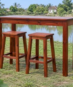 Bàn Ghế Sân Vườn BG30 - Bàn Cao Kiểu Quầy Hai Ghế Đẩu Có Gác Chân, Gỗ Thông