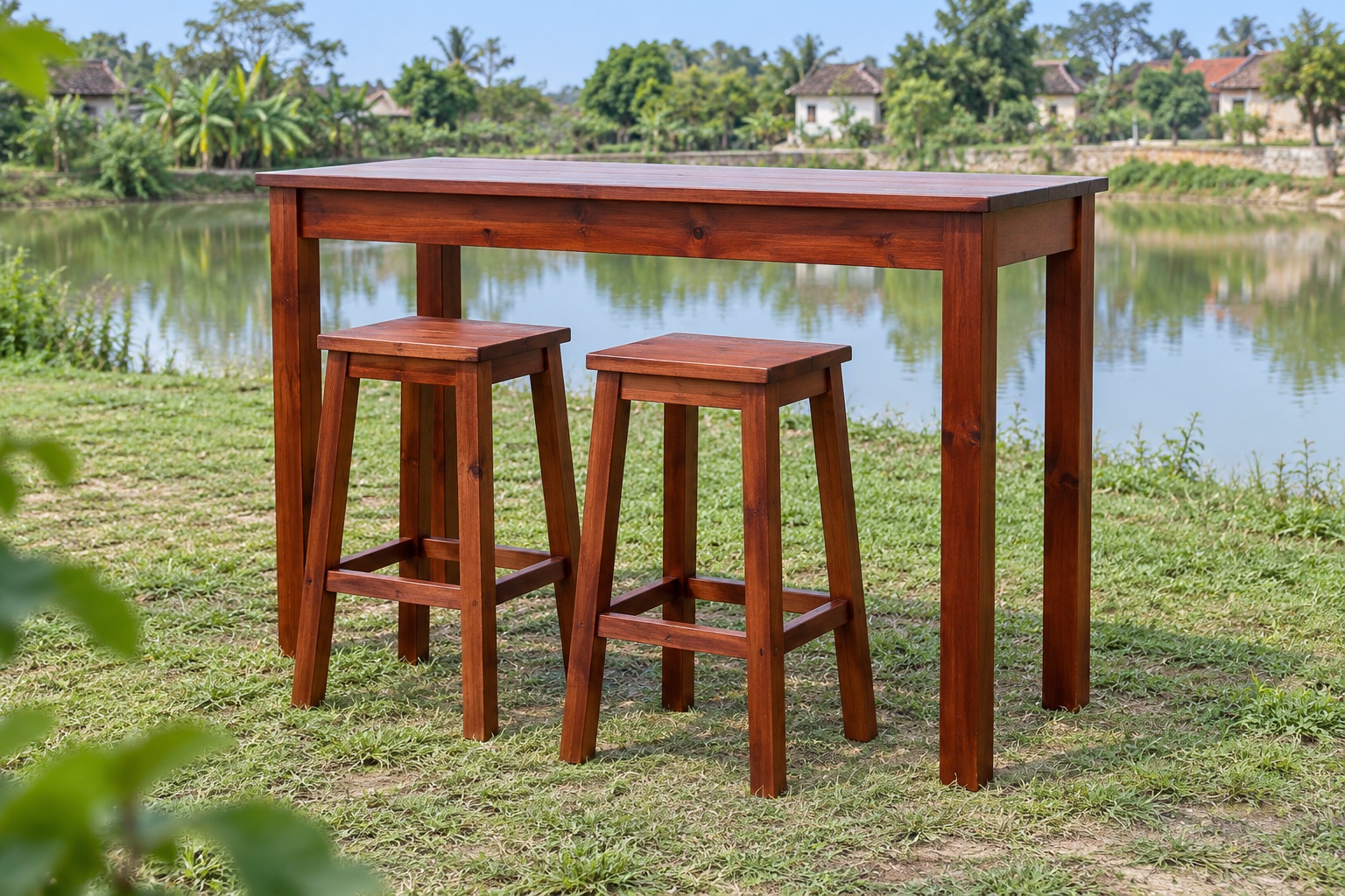 Bàn Ghế Sân Vườn BG30 - Bàn Cao Kiểu Quầy Hai Ghế Đẩu Có Gác Chân, Gỗ Thông Bàn Ghế Sân Vườn BG30 - Bàn Cao Kiểu Quầy Hai Ghế Đẩu Có Gác Chân, Gỗ Thông