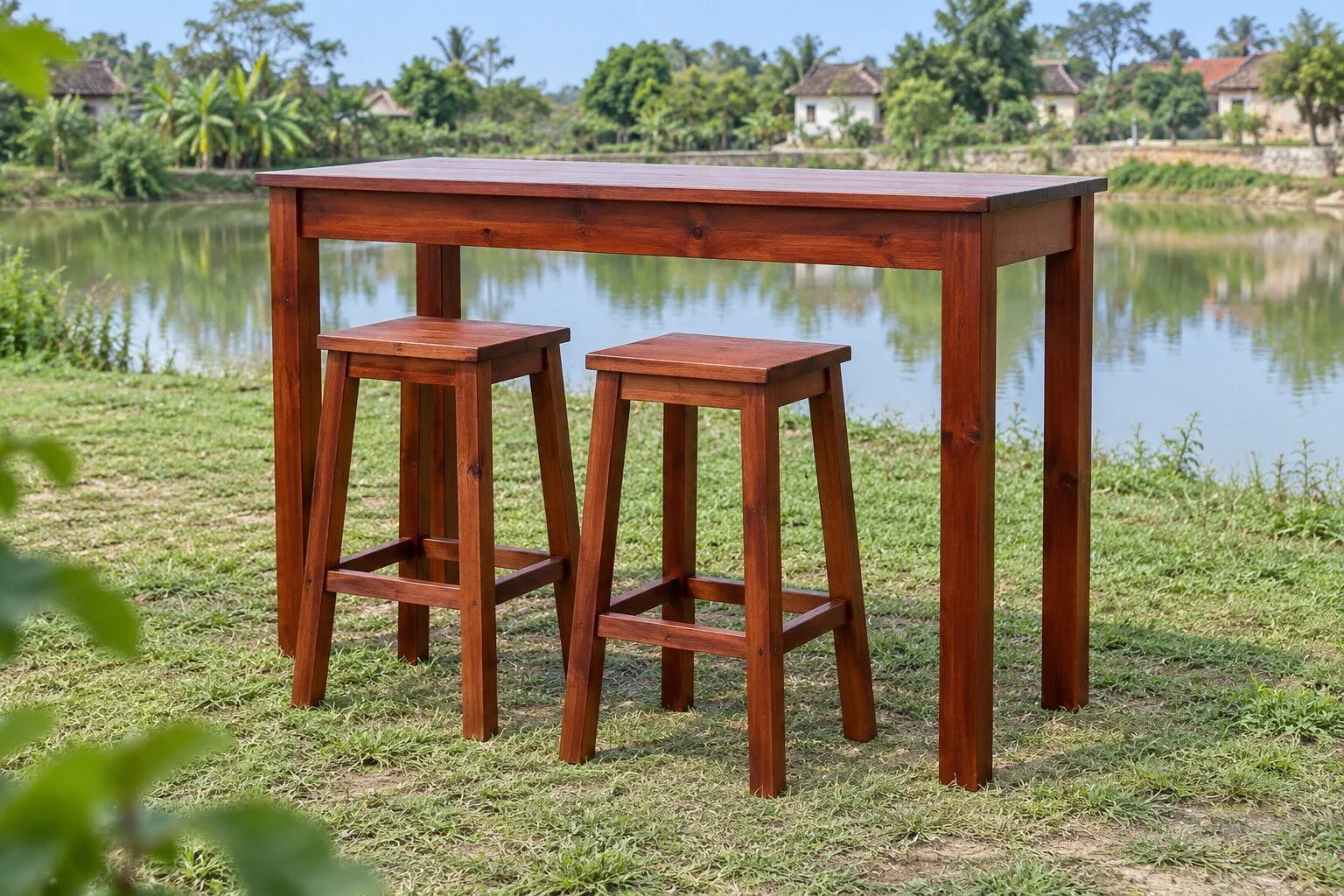 Bộ bàn ghế BG30 gỗ nâu đỏ: bàn cao mặt hẹp dáng quầy và hai ghế đẩu cao có thanh gác chân, đặt trên bãi cỏ ven hồ