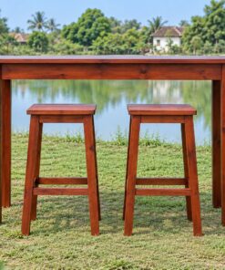 Bàn Ghế Sân Vườn BG30 - Bàn Cao Kiểu Quầy Hai Ghế Đẩu Có Gác Chân, Gỗ Thông