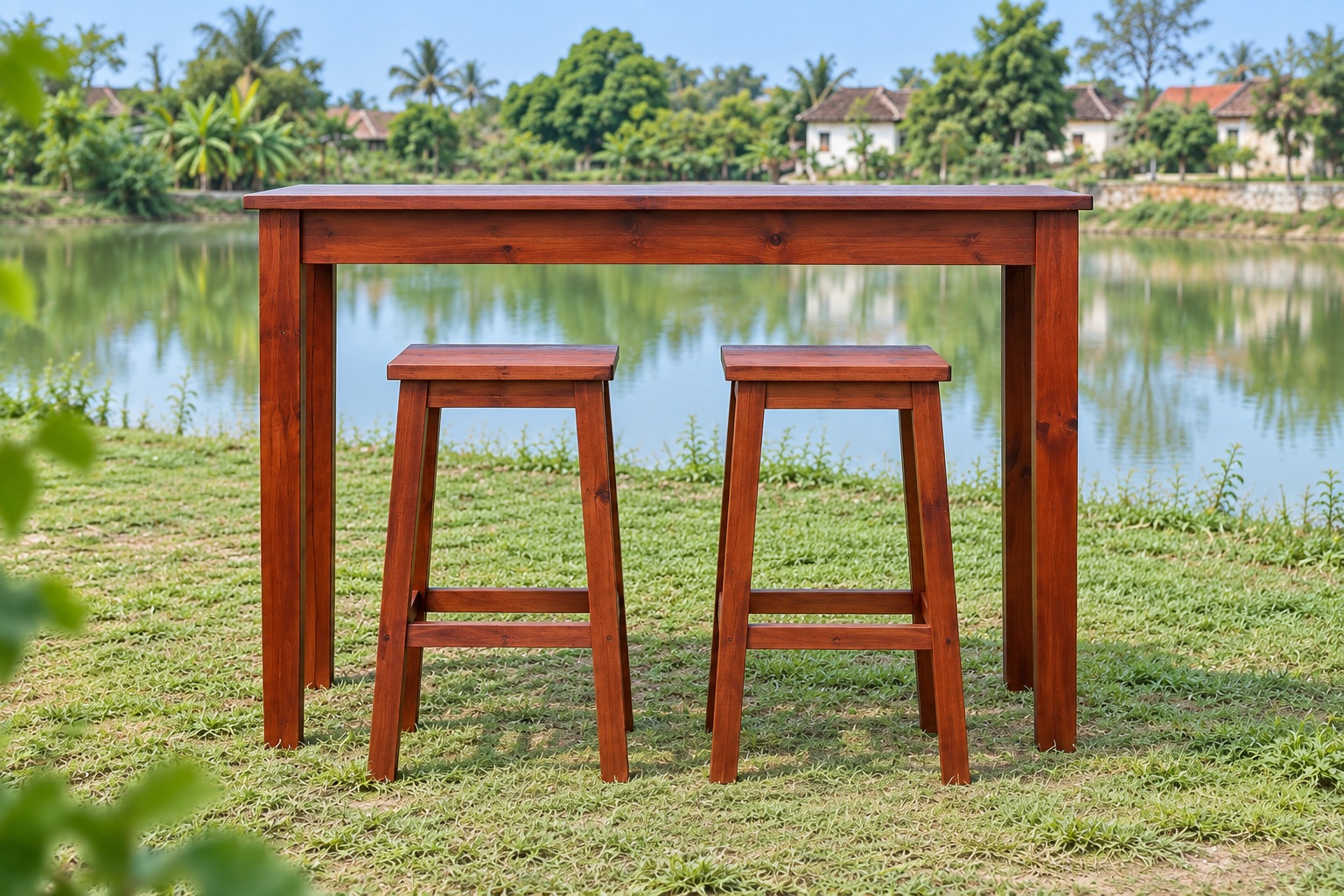Bàn Ghế Sân Vườn BG30 - Bàn Cao Kiểu Quầy Hai Ghế Đẩu Có Gác Chân, Gỗ Thông Bàn Ghế Sân Vườn BG30 - Bàn Cao Kiểu Quầy Hai Ghế Đẩu Có Gác Chân, Gỗ Thông