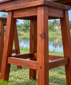 Bàn Ghế Sân Vườn BG30 - Bàn Cao Kiểu Quầy Hai Ghế Đẩu Có Gác Chân, Gỗ Thông