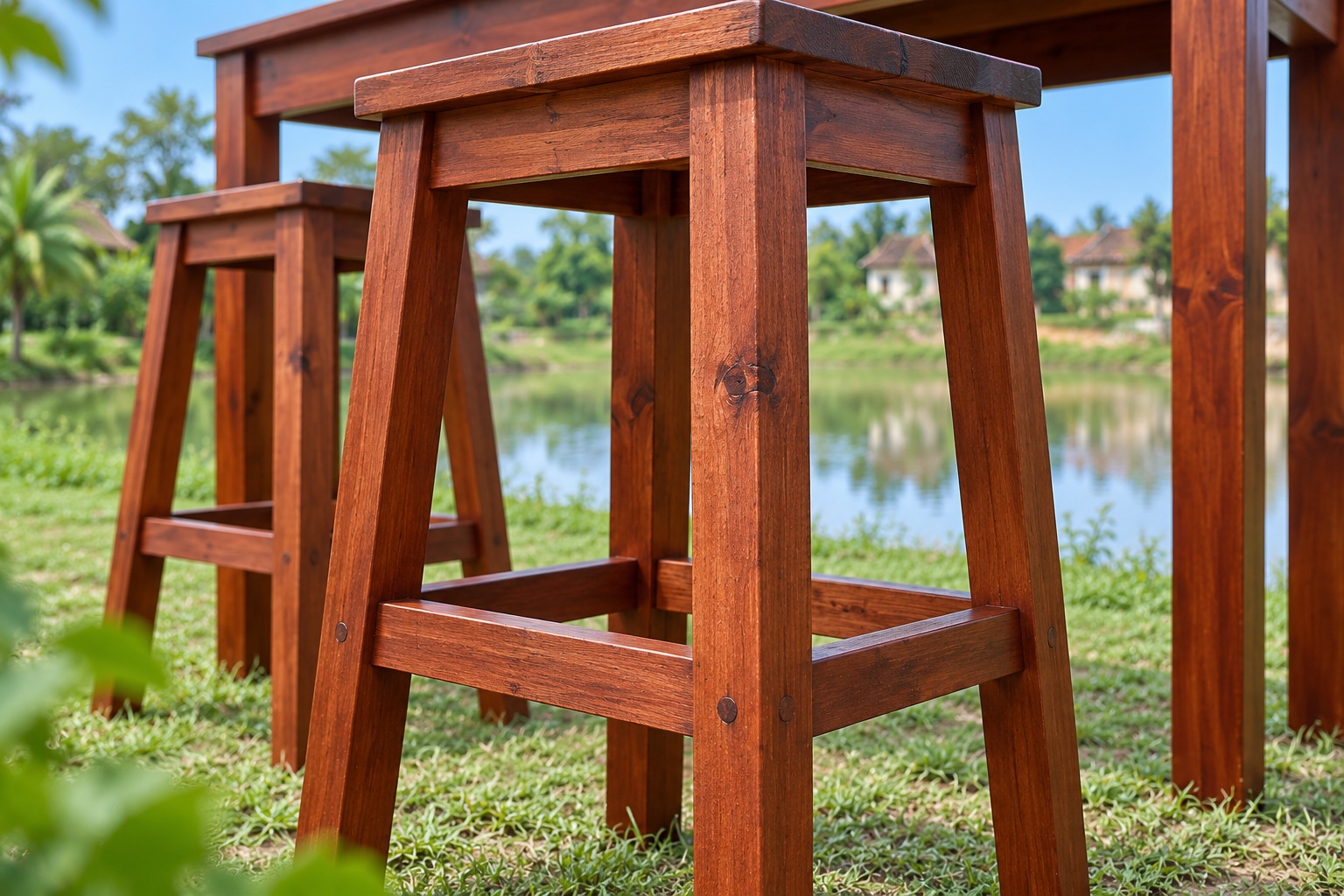 Bàn Ghế Sân Vườn BG30 - Bàn Cao Kiểu Quầy Hai Ghế Đẩu Có Gác Chân, Gỗ Thông Bàn Ghế Sân Vườn BG30 - Bàn Cao Kiểu Quầy Hai Ghế Đẩu Có Gác Chân, Gỗ Thông