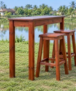 Bàn Ghế Sân Vườn BG30 - Bàn Cao Kiểu Quầy Hai Ghế Đẩu Có Gác Chân, Gỗ Thông