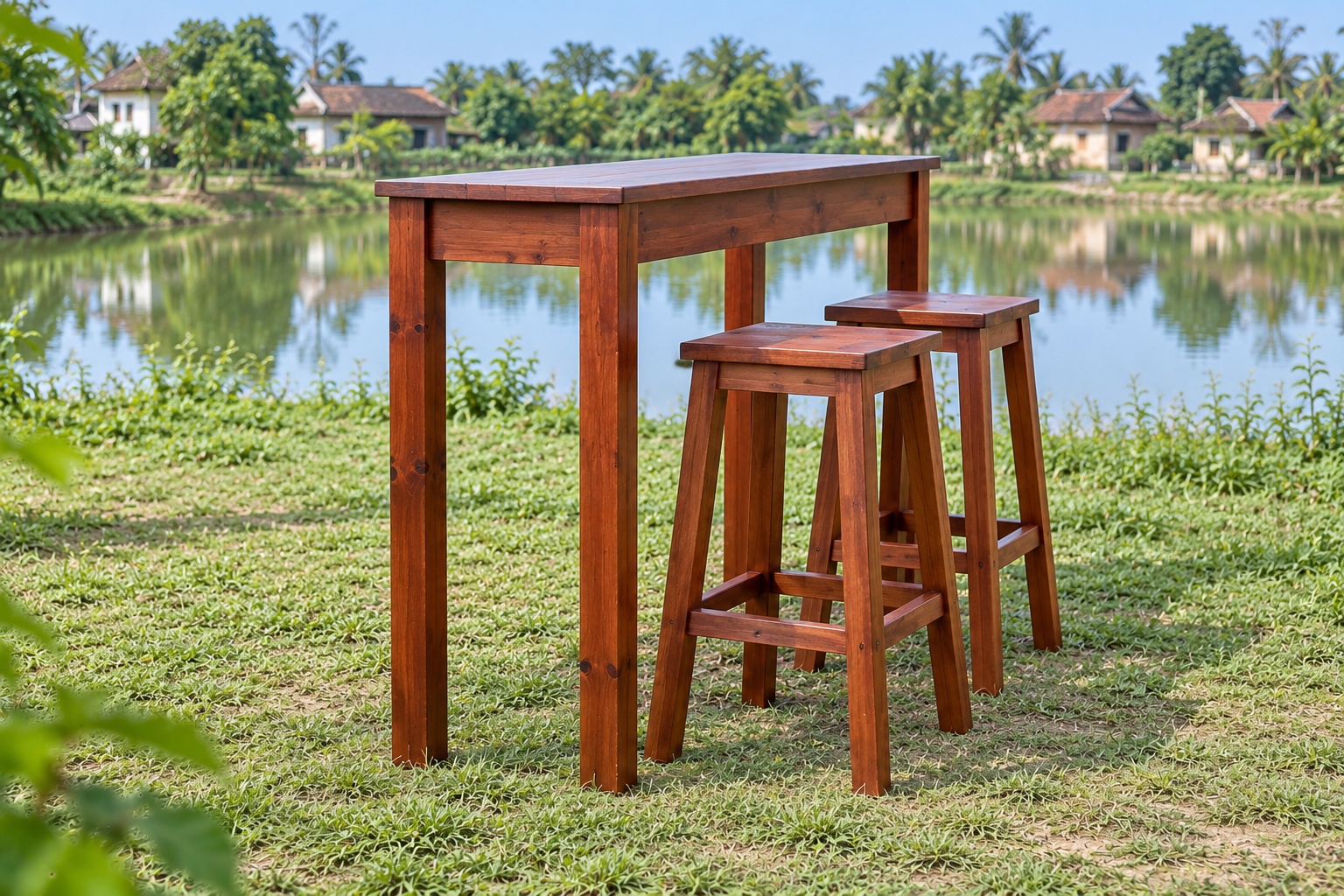 Bàn Ghế Sân Vườn BG30 - Bàn Cao Kiểu Quầy Hai Ghế Đẩu Có Gác Chân, Gỗ Thông Bàn Ghế Sân Vườn BG30 - Bàn Cao Kiểu Quầy Hai Ghế Đẩu Có Gác Chân, Gỗ Thông