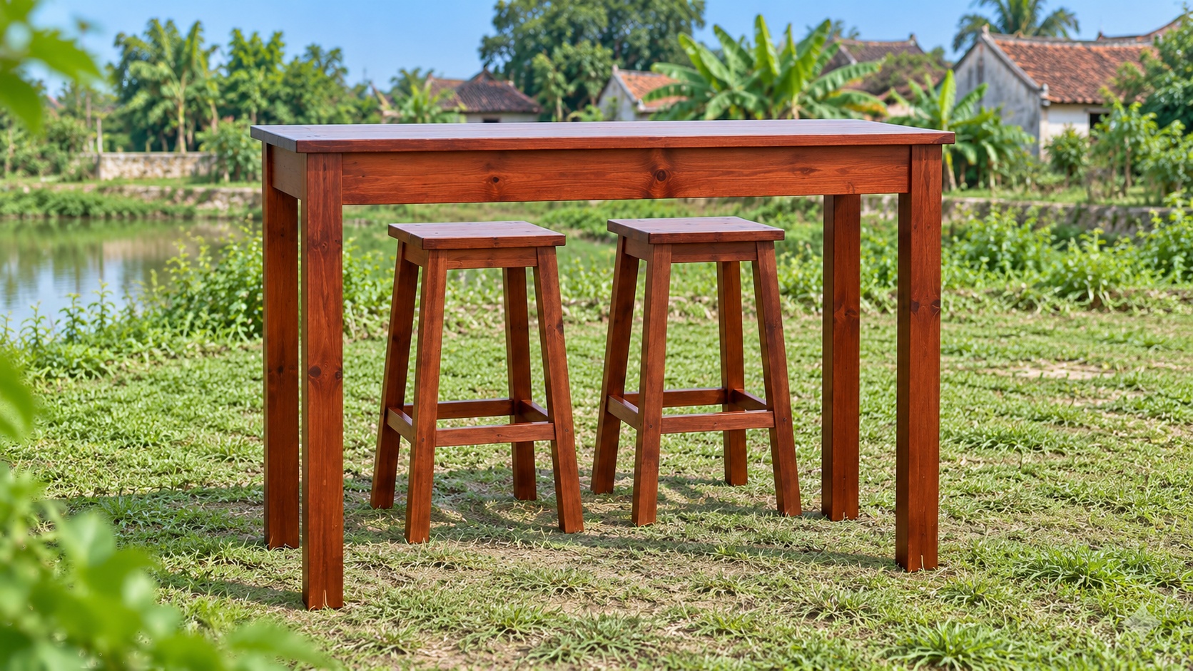 Bàn Ghế Sân Vườn BG30 - Bàn Cao Kiểu Quầy Hai Ghế Đẩu Có Gác Chân, Gỗ Thông Bàn Ghế Sân Vườn BG30 - Bàn Cao Kiểu Quầy Hai Ghế Đẩu Có Gác Chân, Gỗ Thông