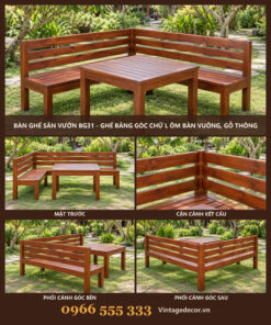 Bàn Ghế Sân Vườn BG31 - Ghế Băng Góc Chữ L Ôm Bàn Vuông, Gỗ Thông