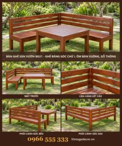 Bàn Ghế Sân Vườn BG31 - Ghế Băng Góc Chữ L Ôm Bàn Vuông, Gỗ Thông
